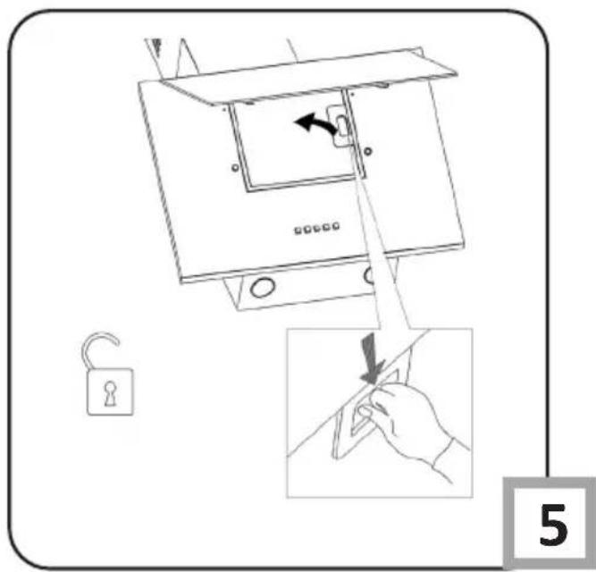 Diagram showing a device with an open lock and a close-up of its internal components, labeled with number 5.