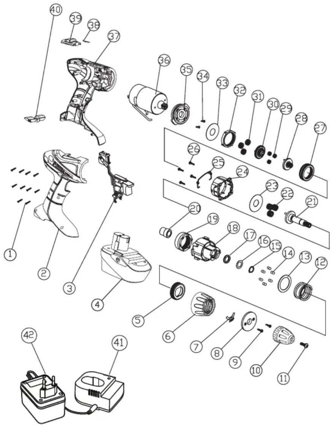 Exploded view diagram of a power tool assembly with numbered parts for identification