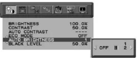 BRIGHTNESS 100.0% CONTRAST 50.0% AUTO CONTRAST ECO MODE OFF AUTO BRIGHTNESS 1 BLACK LEVEL 50.0%