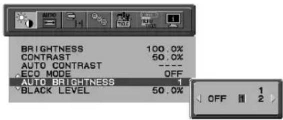 BRIGHTNESS 100.0% CONTRAST 50.0% AUTO CONTRAST ECO MODE OFF AUTO BRIGHTNESS 1 BLACK LEVEL 50.0% OFF 1 2