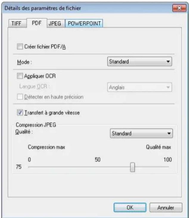 Détails des paramètres de fichier TIFF PDF JPEG PowerPoint Créer fichier PDF/A Mode : Standard Appliquer OCR Langue OCR : Anglais Détecter en haute précision Transfert à grande vitesse Compression JPEG Qualité : Standard Compression max Qualité max 0 50 100 75 OK Annuler