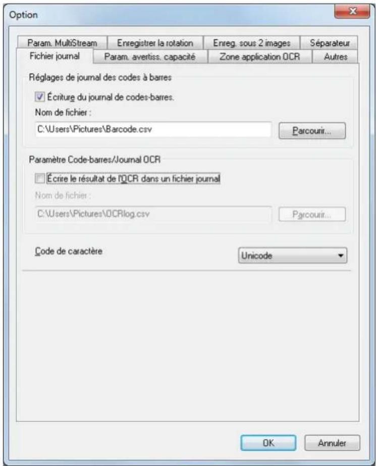 Option Param. MultiStream Enregistrer la rotation Enreg. sous 2 images Séparateur Fichier journal Param. avertiss. capacité Zone application OCR Autres Réglages de journal des codes à barres Écriture du journal de codes-barres. Nom de fichier : C:\Users\Pictures\Barcode.csv Parcourir... Paramètre Co…