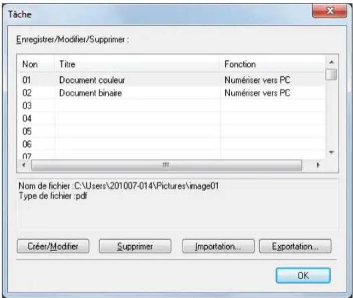 Tâche. Enregistrer/Modifier/Supprimer : Non Titre Fonction. 01 Document couleur Numériser vers PC. 02 Document binaire Numériser vers PC. 03 04 05 06 07. Nom de fichier : C:\Users\201007-014\Pictures\image01. Type de fichier : pdf. Créer/Modifier Supprimer Importation... Exportation... OK.