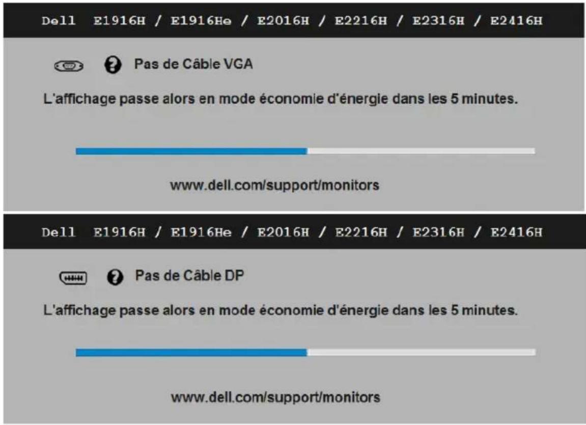 Dell E1916H / E1916He / E2016H / E2216H / E2316H / E2416H Pas de Câble VGA L'affichage passe alors en mode économie d'énergie dans les 5 minutes. www.dell.com/support/monitors Dell E1916H / E1916He / E2016H / E2216H / E2316H / E2416H Pas de Câble DP L'affichage passe alors en mode économie d'énergie dans les 5 minutes. www.dell.com/support/monitors
