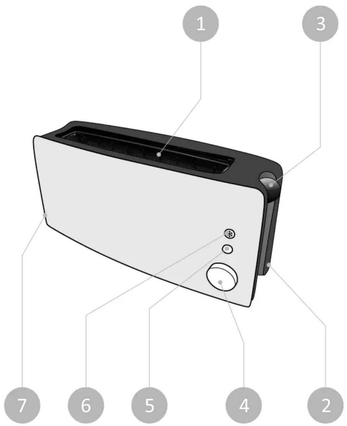 Diagram of a toaster with numbered parts labeled 1 through 7 for identification.