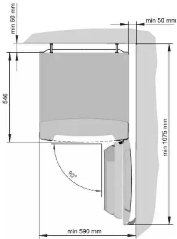 min 50 mm, 546, min 50 mm, min 1075 mm, 20°, min 590 mm