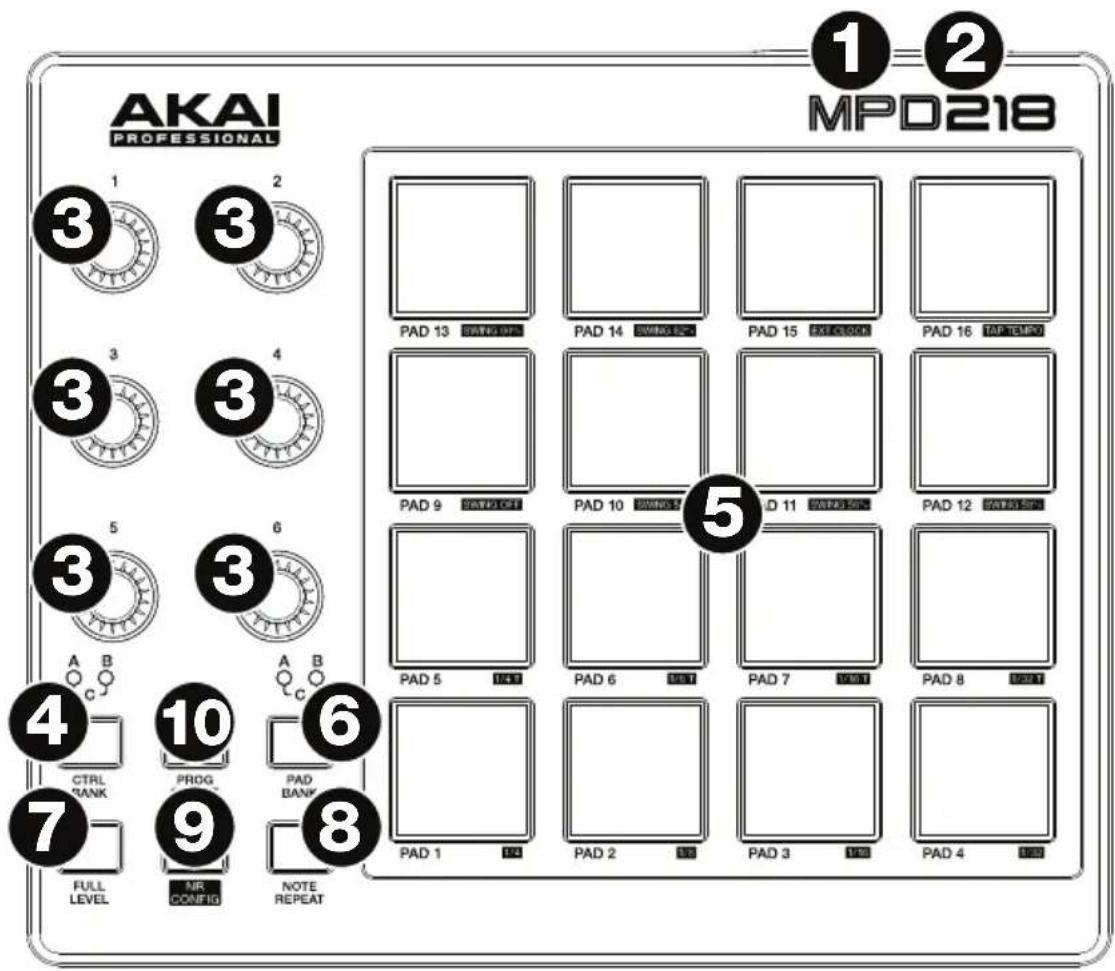 AKAI PROFESSIONAL ① ② MPD218 ③ ① ② PAD 13 SATELLA PAD 14 SWINS LEC PAD 15 EXCELLOCK PAD 16 TAP TEMPO ③ ③ ④ PAD 9 SATELLA PAD 10 SWINS ⑤ PAD 11 SATELLA PAD 12 SATELLA ④ A B C ⑥ PAD 5 UST PAD 6 UST PAD 7 UST PAD 8 UST ⑦ CTRL BANK PROG PAD BANK ⑧ FULL LEVEL NR CONFIG NOTE REPEAT ⑧