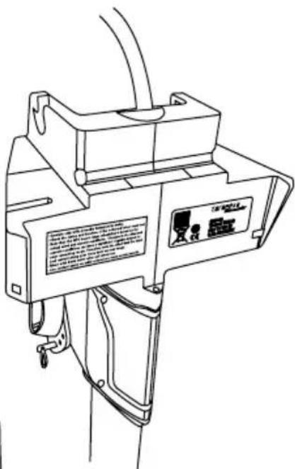 Technical line drawing of a mechanical device with labeled components and warning text in Chinese