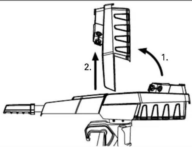 Technical diagram of a weapon system with labeled components and directional arrows indicating motion or assembly.