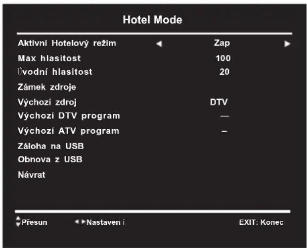 Hotel Mode Aktivní Hotelový režim Zap Max hlasitost 100 Úvodní hlasitost 20 Zámek zdroje Výchozí zdroj DTV Výchozí DTV program — Výchozí ATV program — Záloha na USB Obnova z USB Návrat Přesun Nastaven í EXIT: Konec