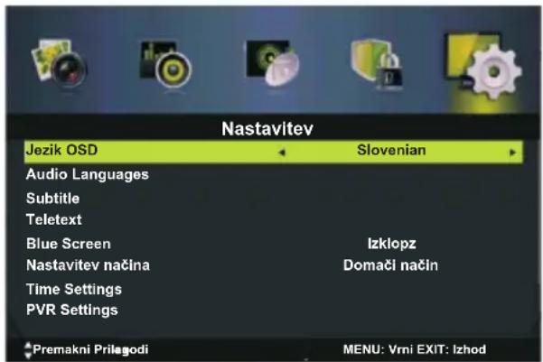Nastavitev Jezik OSD Audio Languages Subtitle Teletext Blue Screen Nastavitev načina Time Settings PVR Settings Premakni Prilagodi Slovenian Izklopz Domači način MENU: Vrni EXIT: Izhod