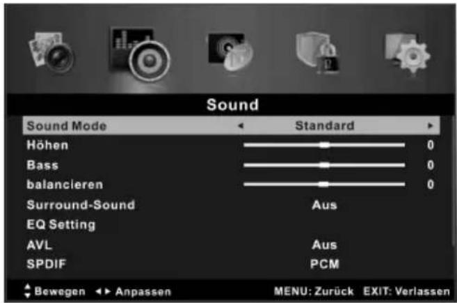 Sound Sound Mode Standard Höhen 0 Bass 0 balancieren 0 Surround-Sound Aus EQ Setting AVL Aus SPDIF PCM Bewegen Anpassen MENU: Zurück EXIT: Verlassen