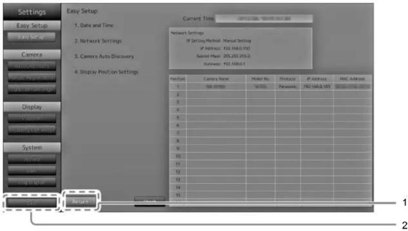 Settings Easy Setup Easy Setup Camera Camera Auto Discovery Display Position Settings Display Volling out session System control control Control panel Easy Setup Current Time Network Settings IP Setting Method: Manual Setting IP Address: 102.168.0.150 Submit Mode: 265.25E-265.0 Outflow: 102.168.0.1 Position Camera Name Model No Protocol IP Address PSC Address A 100.0000 100.0000 Parapsack PSC 100.0000 PSC Address B 3 4 5 6 7 8 9 10 11 12 13 14 15 Return Check 1 2