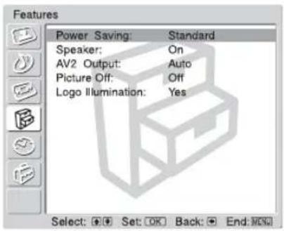 Features Power Saving: Standard Speaker: On AV2 Output: Auto Picture Off: Off Logo Illumination: Yes Select: + - Set: OK Back: End: NO