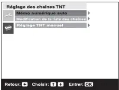 Réglage des chaînes TNT Mémo numérique auto Modification de la liste des chaînes Réglage TNT manuel Retour: Choisir: Entrer: OK