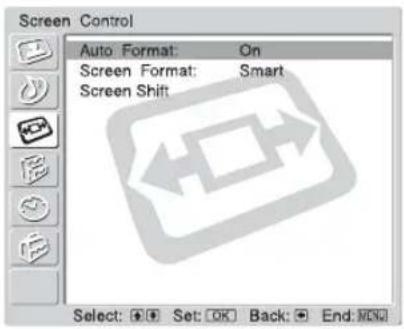Screen Control Auto Format: On Screen Format: Smart Screen Shift Select: + - Set: OK Back: + End: OK
