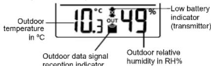 Outdoor temperature in °C 10.3 OUT 49 % Low battery indicator (transmitter) Outdoor data signal reception indicator Outdoor relative humidity in RH%