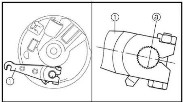 Technical diagram showing mechanical assembly with labeled parts, including a circular component and a cylindrical device with internal gear mechanism.