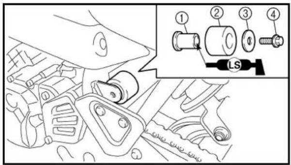Technical diagram showing engine component assembly with numbered parts and a close-up of a mechanical component labeled 'LS'.