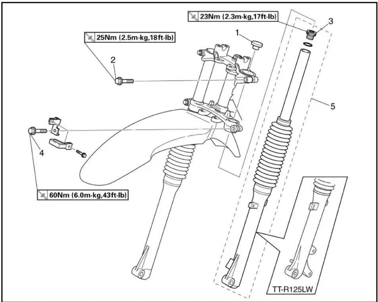 23Nm (2.3m·kg,17ft·lb) 25Nm (2.5m·kg,18ft·lb) 60Nm (6.0m·kg,43ft·lb) TT-R125LW