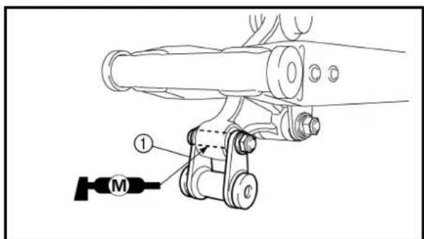 Technical diagram of a mechanical assembly with labeled component 'M' and numbered parts