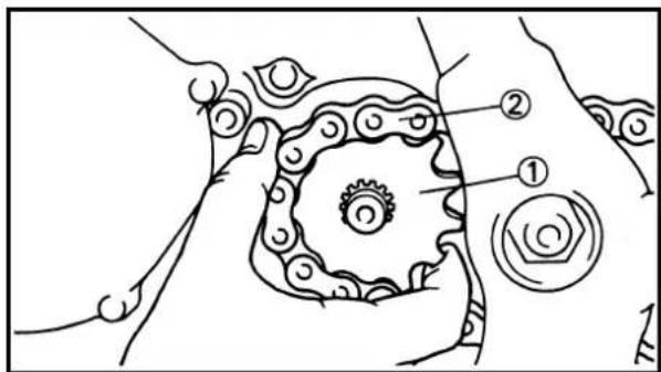 Diagram of a mechanical gear system with labeled parts ① and ②, showing meshing and adjustment mechanism.