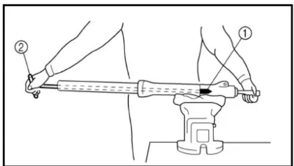 Diagram showing a person using a measuring tool on an object, labeled with parts ① and ②.