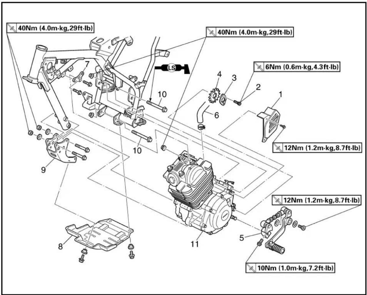 40Nm (4.0m·kg,29ft·lb) 40Nm (4.0m·kg,29ft·lb) 6Nm (0.6m·kg,4.3ft·lb) 12Nm (1.2m·kg,8.7ft·lb) 12Nm (1.2m·kg,8.7ft·lb) 10Nm (1.0m·kg,7.2ft·lb)