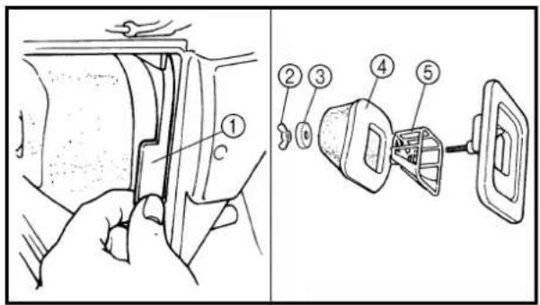 Technical diagram showing car door opening process with labeled parts and exploded view of internal components