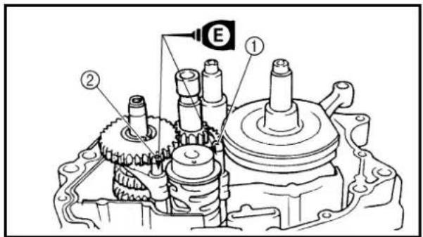 Technical diagram of a mechanical assembly with labeled parts and a marked component E