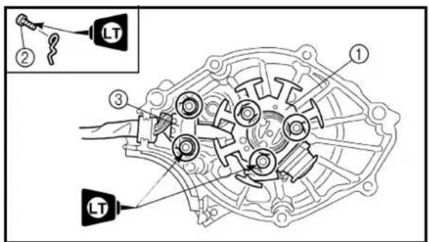 Technical diagram of a mechanical assembly with labeled parts and an inset showing a component labeled 'LT'.