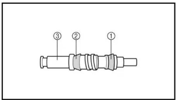 Diagram of a mechanical component with numbered parts labeled ①, ②, and ③