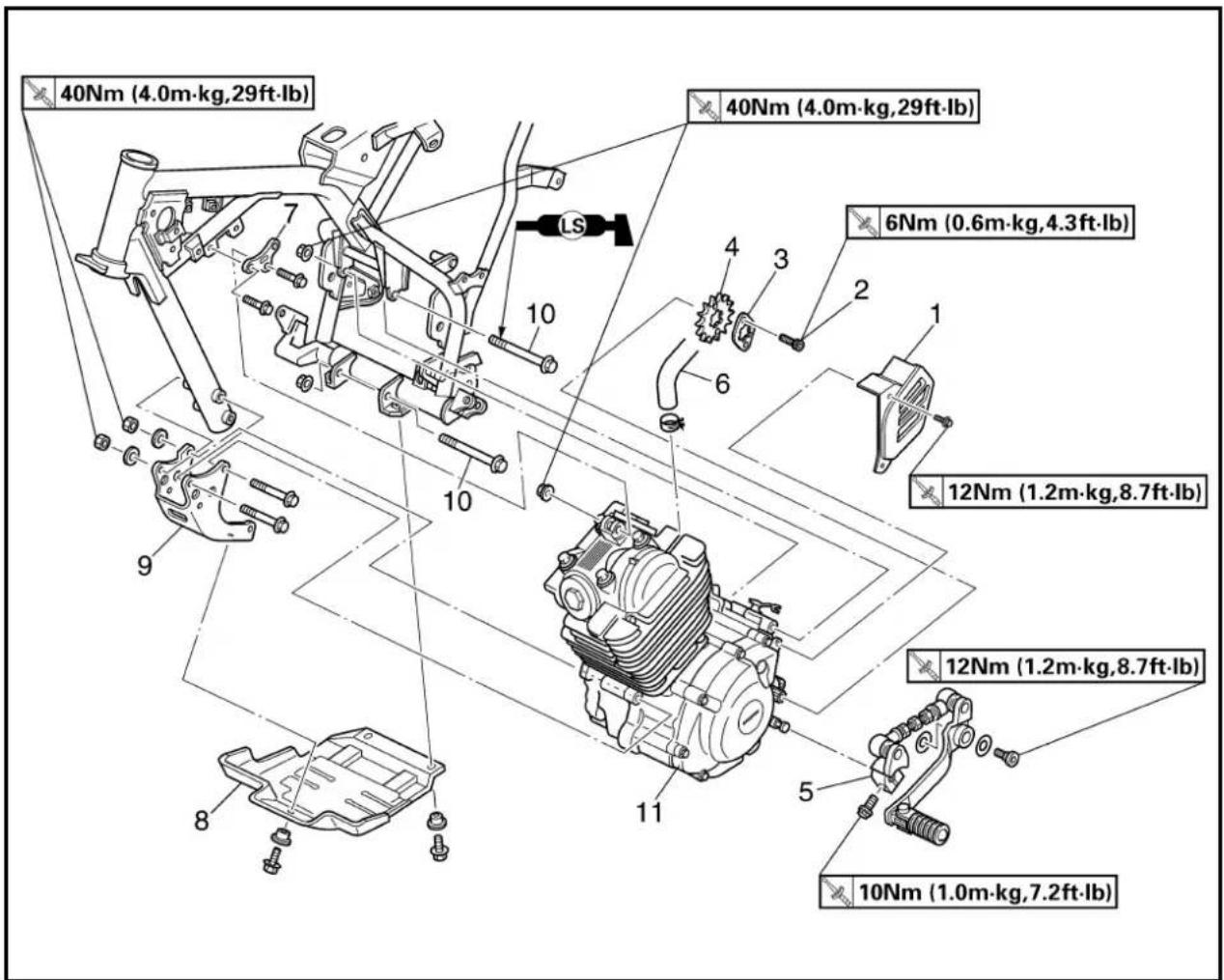 40Nm (4.0m·kg,29ft·lb) 40Nm (4.0m·kg,29ft·lb) 6Nm (0.6m·kg,4.3ft·lb) 12Nm (1.2m·kg,8.7ft·lb) 12Nm (1.2m·kg,8.7ft·lb) 10Nm (1.0m·kg,7.2ft·lb)