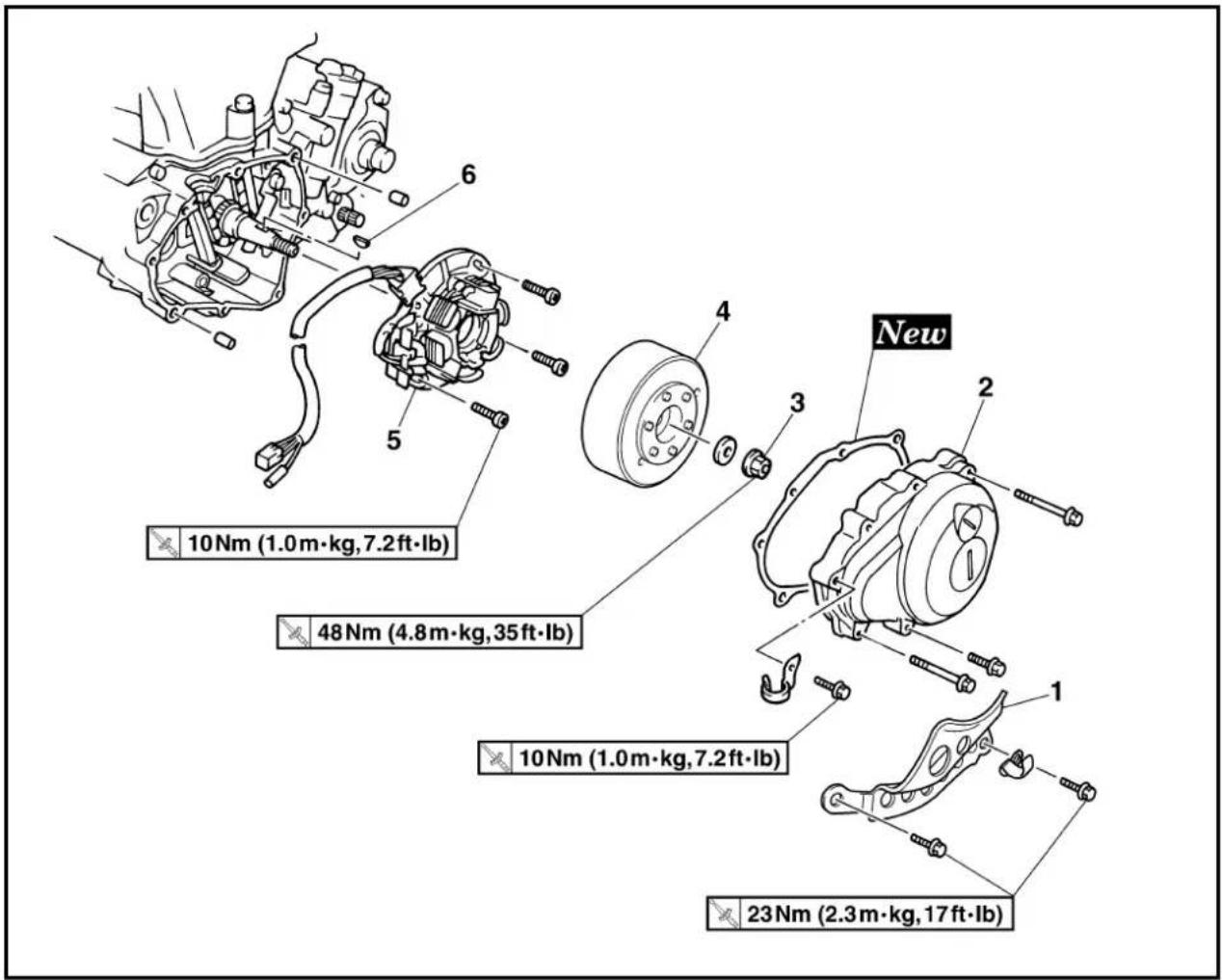 10 Nm (1.0 m·kg, 7.2 ft·lb) 48 Nm (4.8 m·kg, 35 ft·lb) 10 Nm (1.0 m·kg, 7.2 ft·lb) 23 Nm (2.3 m·kg, 17 ft·lb)