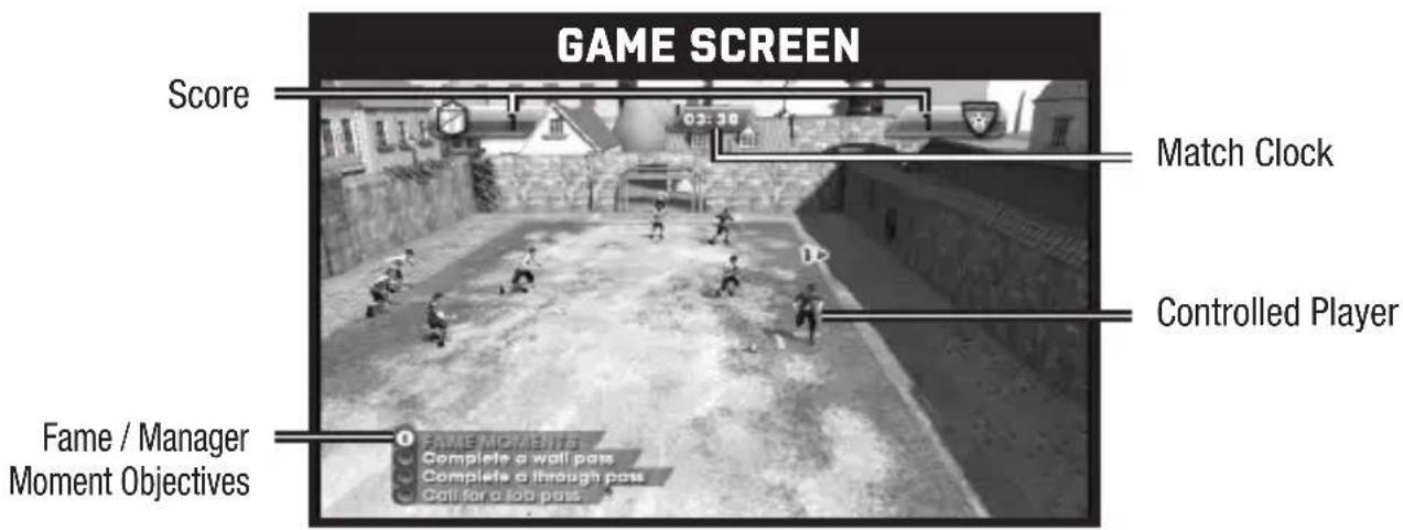 GAME SCREEN Score Match Clock Controlled Player Fame / Manager Moment Objectives GAME MOMENTS Complete a wall pass Complete a through pass Call for a job pass