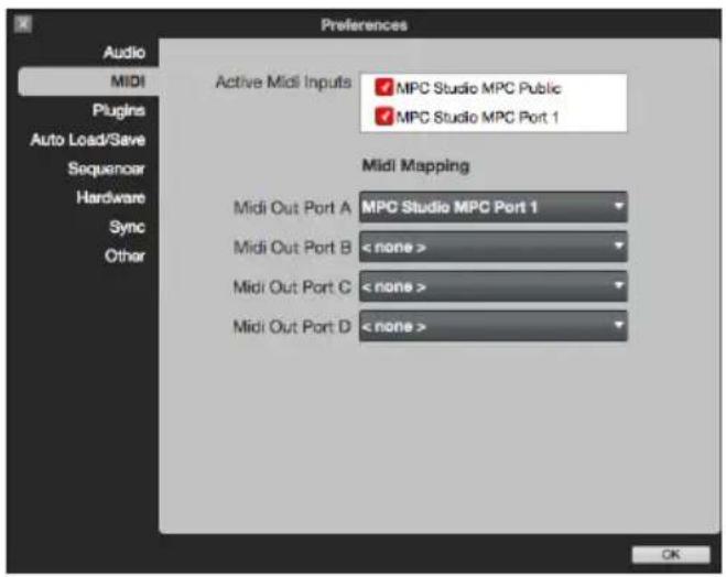 Preferences Audio MIDI Plugins Auto Load/Save Sequencer Hardware Sync Other Active Midi Inputs ✓ MPC Studio MPC Public ✓ MPC Studio MPC Port 1 Midi Mapping Midi Out Port A: MPC Studio MPC Port 1 Midi Out Port B: < none > Midi Out Port C: < none > Midi Out Port D: < none >