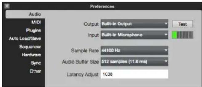 Preferences Audio MIDI Plugins Auto Load/Save Sequenoar Hardware Sync Other Output Built-in Output Test Input Built-in Microphone Sample Rate 44100 Hz Audio Buffer Size 512 samples (11.6 ms) Latency Adjust 1038