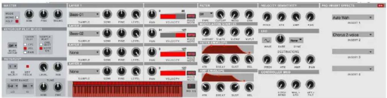 MASTER MODE MOMO 1 POLY SEM FINE TRONS KENSOUR MEAT MODELS LAYER FLOT SAMPLE PLET CFC VSL MUTE GNDUP OFF MUTE GNDUP RAIN LAYER 1 Bass-01 SAMPLE SEM FINE LEVEL D 80 RAN VELOCITY BOOT TYPE CUTOFF RECIO ENV MODULATION SOURCES Bass-02 SAMPLE SEM FINE LEVEL 01 127 RAN VELOCITY BOOT WAVE/BEET VOLTX VOUTY VOLT FETTER ENVELOPE None SAMPLE SEMI FINE LEVEL PAN VELOCITY BOOT WAVE/BEET VOLTX VOUTY VOLT LAYER 3 None SAMPLE SEMI FINE LEVEL 0 127 RAN VELOCITY BOOT WAVE/BEET VOLTX VOUTY VOLT FETTER ENVELOPE None SAMPLE SEMI FINE LEVEL PAN VELOCITY BOOT WAVE/BEET VOLTX VOUTY VOLT RAME ENVELOPE NOME SAMPLE SEMI FINE LEVEL 0 127 RAN VELOCITY BOOT WAVE/BEET VOLTX VOUTY VOLT NOME KIS PITCH BEND WHL > LFD LEFT > FILT VELOCITY SENSITIVITY AUTO WITH INSERT 1 Chorus 2-voice INSERT 2 MODE RATE SYNC DESTINATIONS PITCH ATK AMP PAN CONTROLLER MOD PITCH BEND WHL > LFD LEFT > FILT