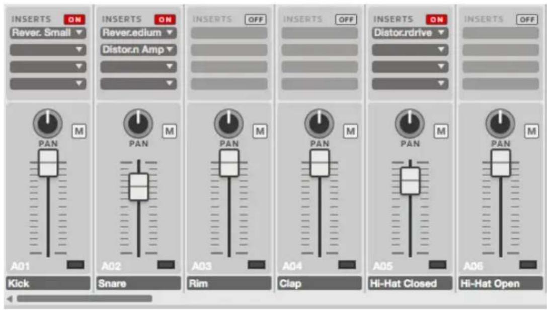 INSERTS ON Rever. Small INSERTS ON Rever.edium Distor.n Amp INSERTS OFF INSERTS OFF INSERTS ON Distor.rdrive INSERTS OFF PAN M A01 Kick Snare A02 Rim A03 Clap A04 Hi-Hat Closed A05 A06 Hi-Hat Open