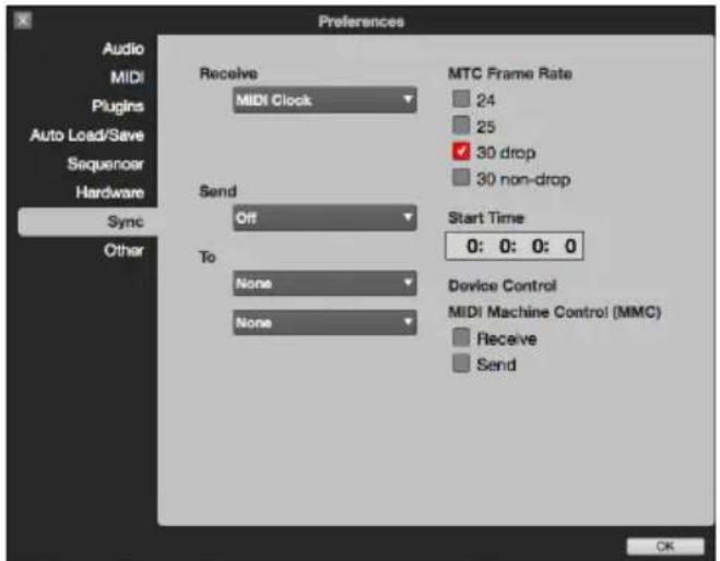 Preferences Audio MIDI Plugins Auto Load/Save Sequenoar Hardware Sync Other Receive MIDI Clock Send Off To None None MTC Frame Rate 24 25 ✓ 30 drop 30 non-drop Start Time 0: 0: 0: 0 Device Control MIDI Machine Control (MMC) Receive Send OK