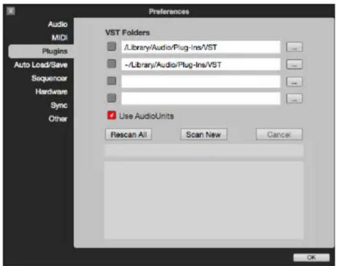 Preferences Audio MIDI Plugins Auto Load/Save Sequencor Hardware Sync Other VST Folders ./Library/Audio/Plug-Ins/VST -/Library/Audio/Plug-Ins/VST Use AudioUnits Rescan All Scan New Cancel OK