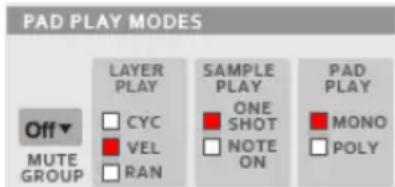 PAD PLAY MODES Off▼ MUTE GROUP LAYER PLAY CYC VEL RAN SAMPLE PLAY ONE SHOT NOTE ON PAD PLAY MONO POLY