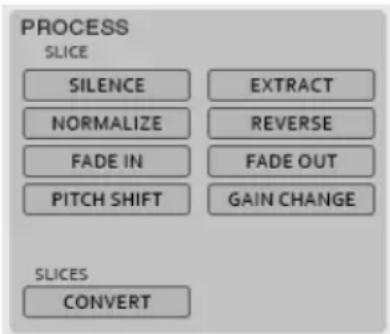 PROCESS SLICE SILENCE EXTRACT NORMALIZE REVERSE FADE IN FADE OUT PITCH SHIFT GAIN CHANGE SLICES CONVERT