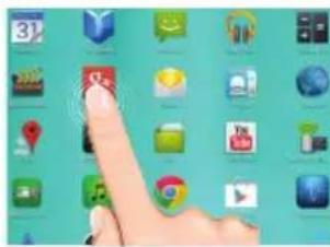 Hand interacting with a smartphone app interface displaying various app icons on a green screen.