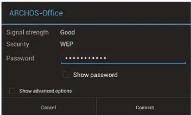 ARCHOS-Office, Signal strength Good, Security WEP, Password ......, Show password, Show advanced options, Cancel Connect