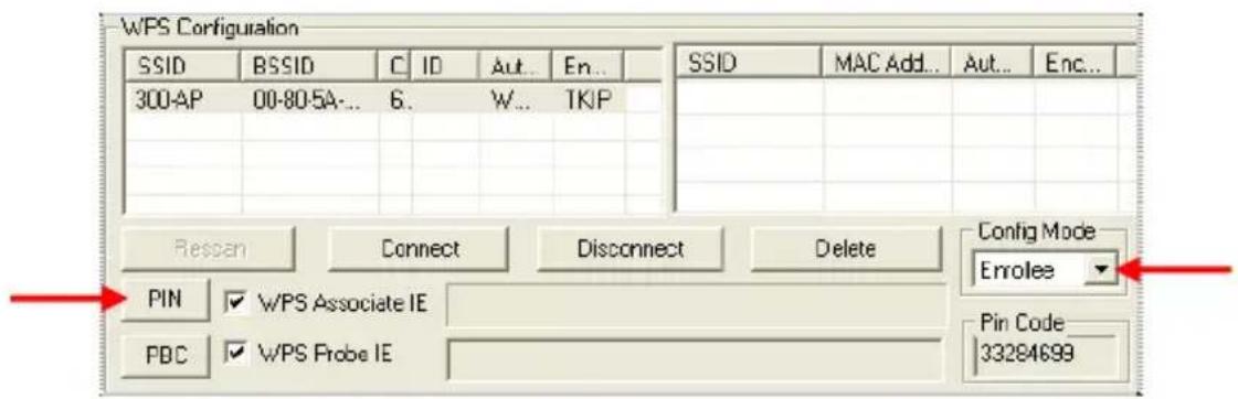 WPS Configuration SSID BSSID C ID Aut... En... 300-AP 00-80-5A-... 6... W... TKIP SSID MAC Add... Aut... Enc... Config Mode Enrolee PIN ✓ WPS Associate IE FBC ✓ WPS Probe IE Pin Code 33284699