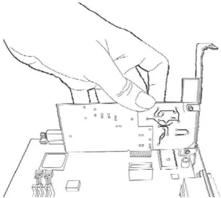 Line drawing of a hand installing or adjusting a computer motherboard with visible circuit board and components (no text or symbols)