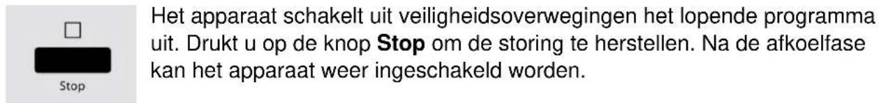 Het apparaat schakelt uit veiligheidsoverwegingen het lopende programma uit. Drukt u op de knop Stop om de storing te herstellen. Na de afkoelfase kan het apparaat weer ingeschakeld worden.