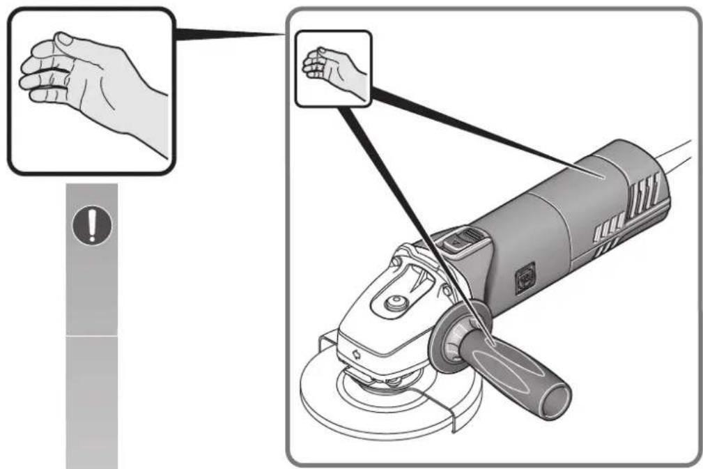 Diagram illustrating hand tool application on a grinding machine, showing step-by-step instructions with warning labels.