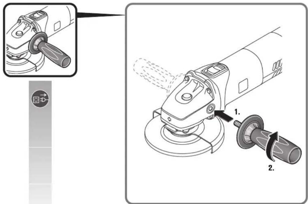 Diagram illustrating the step-by-step installation of a power tool, showing disassembly and disassembly steps with labeled parts.